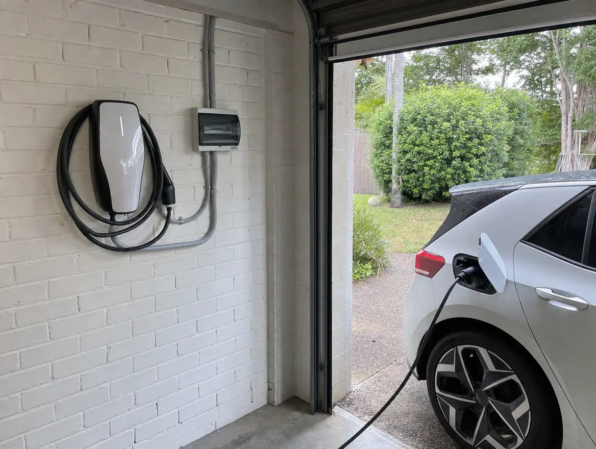 A wall mounted electric vehicle charger in a home garage