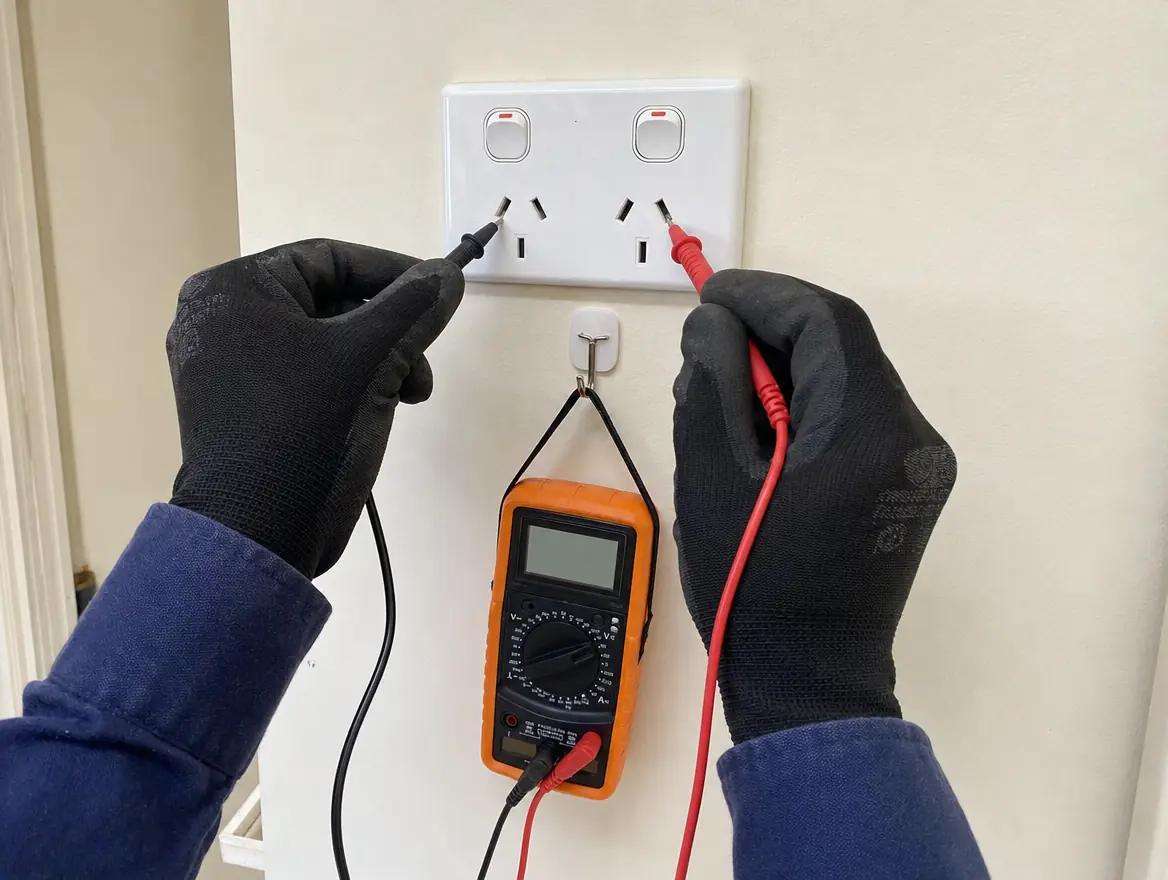 An electrician testing a power point with a multimeter