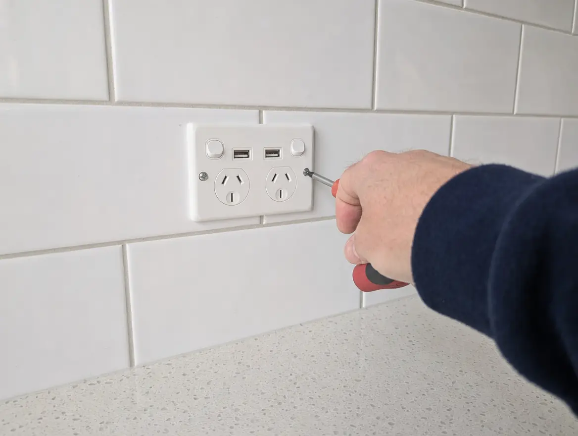 A double power point with USB charging ports on a kitchen splashback